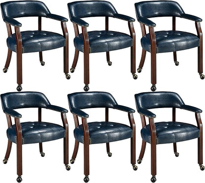 LEEMTORIG Set of 6 Dining Chairs with Casters and Arms, Large Rolling Dining Chairs with Wheels, Accent Poker Table Chairs, Solid Wood Boss Caption's Office Chairs, Cherry Legs & Blue SY-1533-LB