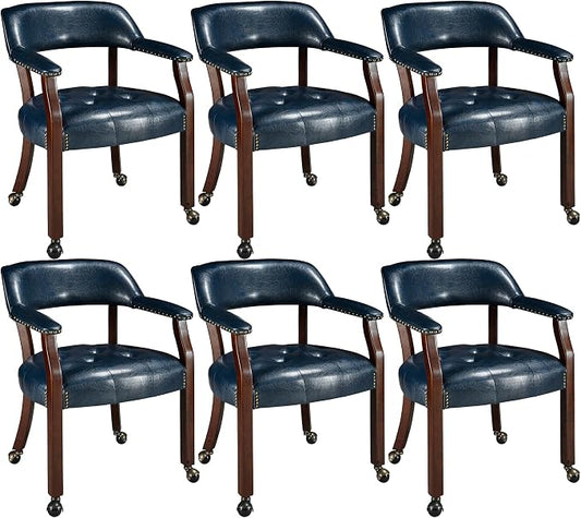 LEEMTORIG Set of 6 Dining Chairs with Casters and Arms, Large Rolling Dining Chairs with Wheels, Accent Poker Table Chairs, Solid Wood Boss Caption's Office Chairs, Cherry Legs & Blue SY-1533-LB