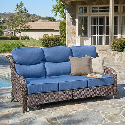 Belord Luxury 6" Thick Cushioned PE Wicker 3-Seater Outdoor Couch, All-Weather Comfortable Modern Patio Sofa, High Back Deep Seat Woven Outdoor Furniture for Porch Balcony, Lawn, Deck - BrownBlue