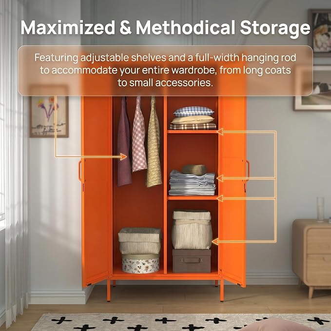 67" Industrial Lockable Metal 2-Door Wardrobe Storage Cabinet with Hanging Rod & Adjustable Shelves, Heavy Duty Multipurpose for Bedroom, Garage, Home Office, Orange 67" H X 31.5" W X 18.1" D
