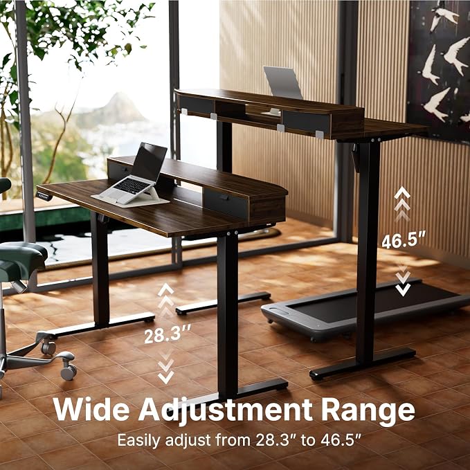 HUANUO 40" X 24" Electric Standing Desk with 2 Drawers, C-Clamp Mount Compatible, Height Adjustable Computer Desk, Home Office Stand Up Desk with 4 Preset Heights & 2 Hooks, Walnut