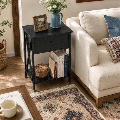 VECELO Nightstands Set of 2, Modern Bedside End Tables, Night Stands with Drawer and Storage Shelf for Living Room Bedroom, Industrial Metal Frame