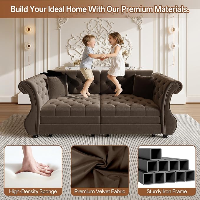 83.8" Oversized Pull Out Sofa Bed, Chesterfield Velvet Sleeper Sofa Couch with Roll Arm & Flower Tufting, Heavy Duty Metal Frame Convertible Sofa for Living Room, Apartment, Guest Room, Brown