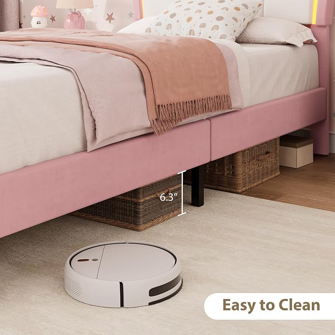 Garvee Twin Bed Frame with Storage, Upholstered LED Bed Frame with Headboard, Cute Velvet Platform Bed Frame for Kids, Girls, Solids Wood Slats Support, No Box Spring Needed, Easy Assembly, Pink+White