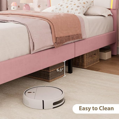 Garvee Twin Bed Frame with Storage, Upholstered LED Bed Frame with Headboard, Cute Velvet Platform Bed Frame for Kids, Girls, Solids Wood Slats Support, No Box Spring Needed, Easy Assembly, Pink+White