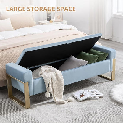 67'' End of Bed Storage Bench, Storage Ottoman Bench for Bedroom King Size, Modern Velvet Bed Benches for Foot of Beds with Gold Legs for Window Living Room Entryway, Light Blue