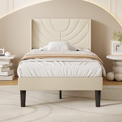 VECELO Twin Size Bed Frame Upholstered Platform with Wave Fabric Headboard/Wooden Slats Support/No Box Spring Needed/Mattress Foundation,Beige