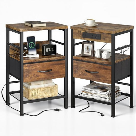 Lazzanto Nightstands Set of 2 with Charging Station, Bedside Tables with Open Shelf & Hooks, End Tables with USB-C USB-A Ports AC Outlets, Night Stand for Bedroom with Fabric Drawer, Rustic Brown
