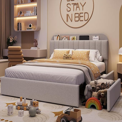 IDEALHOUSE Queen Bed Frame with 2 Flexible Drawers and Bookcase Headboard, Boucle Upholstered Platform Bed for Boys/Girls, Noise-Free, Easy Assembly, No Box Spring Needed, Gray