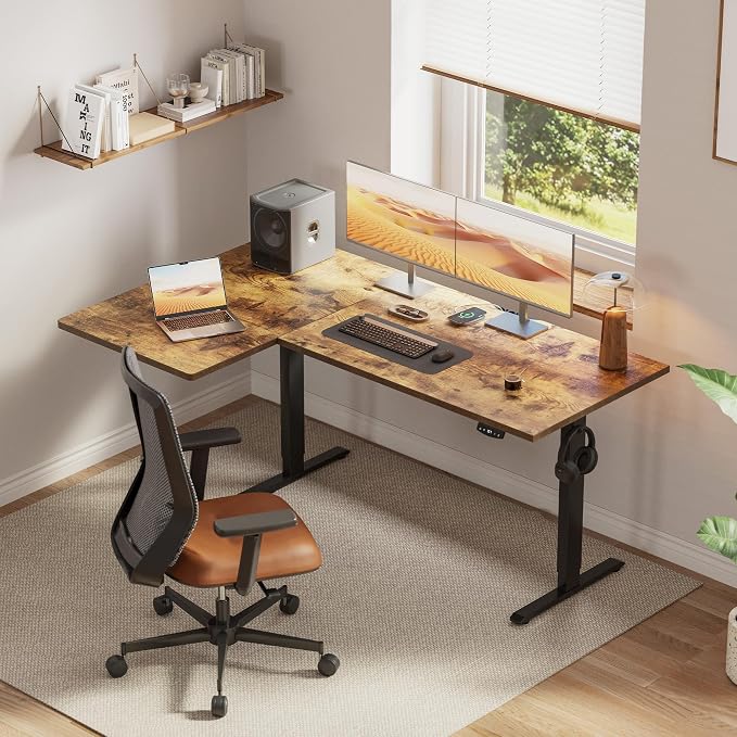 Klicelor L Shaped Standing Desk, 59 Inch Electric Height Adjustable Desk with Memory Preset, Reversible Sit Stand Up Computer Workstation for Home Office, Splice Board, Rustic Brown