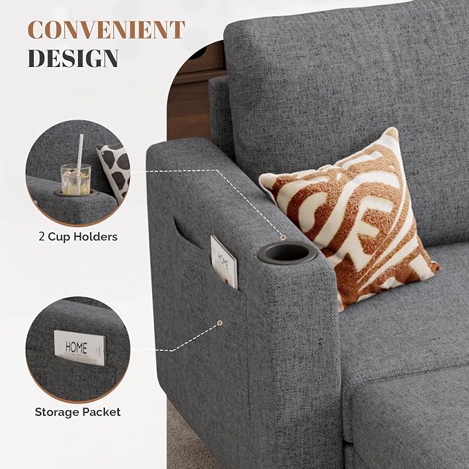 Luxanimarion Upholstered Sectional Sofa and Couches, 78'' L Shaped 3-seat Sofa forLiving Room, Apartment,Lounge,Bedroom-Washable Covers Convertible Sofas(Linen Fabric,Dark Gary)