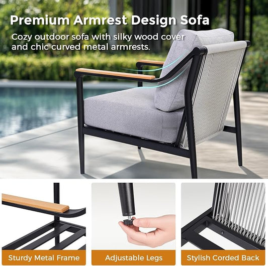 Jocoevol 4 Pieces Outdoor Sofa Conversation Set, 4 Seats Couch Set with Table, Metal Frame Rope Weaving Design UV Resistance Waterproof for Patio Garden Balcony, Grey