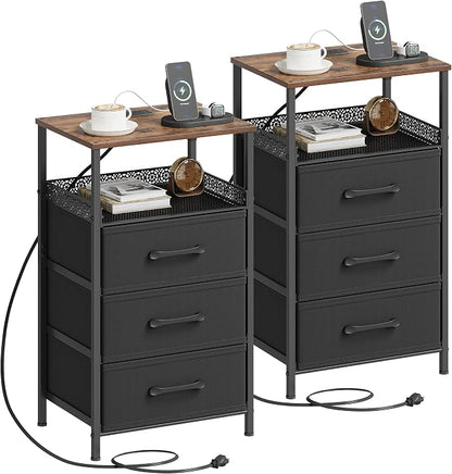 JARHETUN Nightstand Set of 2, Night Stands with Charging Station, 26.4 Inch Tall Bedside Table with Metal Shelf, Modern Side End Table with 3 Fabirc Drawers, Small Dresser for Bedroom, Rustic Brown