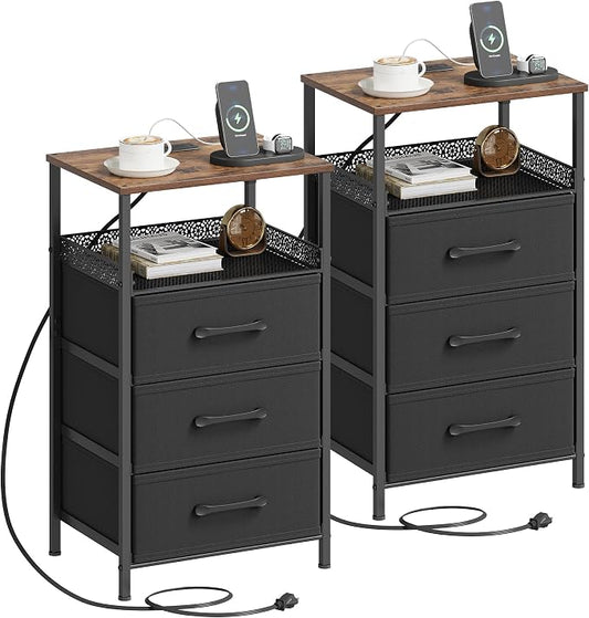 JARHETUN Nightstand Set of 2, Night Stands with Charging Station, 26.4 Inch Tall Bedside Table with Metal Shelf, Modern Side End Table with 3 Fabirc Drawers, Small Dresser for Bedroom, Rustic Brown