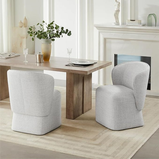 KISLOT Upholstered Dining Chairs with Wheels, No Assembly Stain Resistant Fabric Modern Barrel Armchair with Casters, Dining Room Chairs for Kitchen Living Room Bedroom, Light Grey, Set of 2