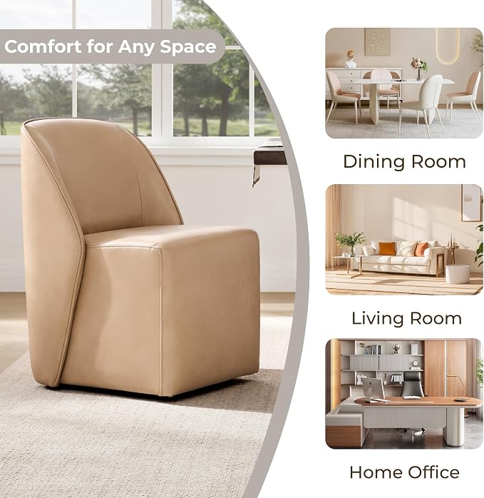 Watson & Whitely Leather Rolling Dining Chairs with Casters, Set of 2, Tan | Upholstered Seat, Removable Rollers, Modern Style, Armless Chairs for Dining Room, Living Room, Bedroom