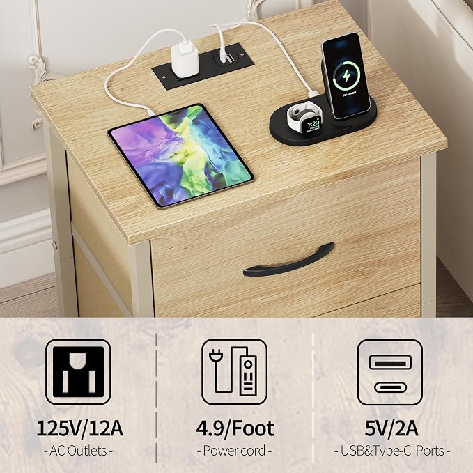 Vagusicc Nightstand with Charging Station, Bedside Table with USB Ports and Outlet, End Table Side Table with 2 Fabric Drawers for Bedroom, Living Room, Natural