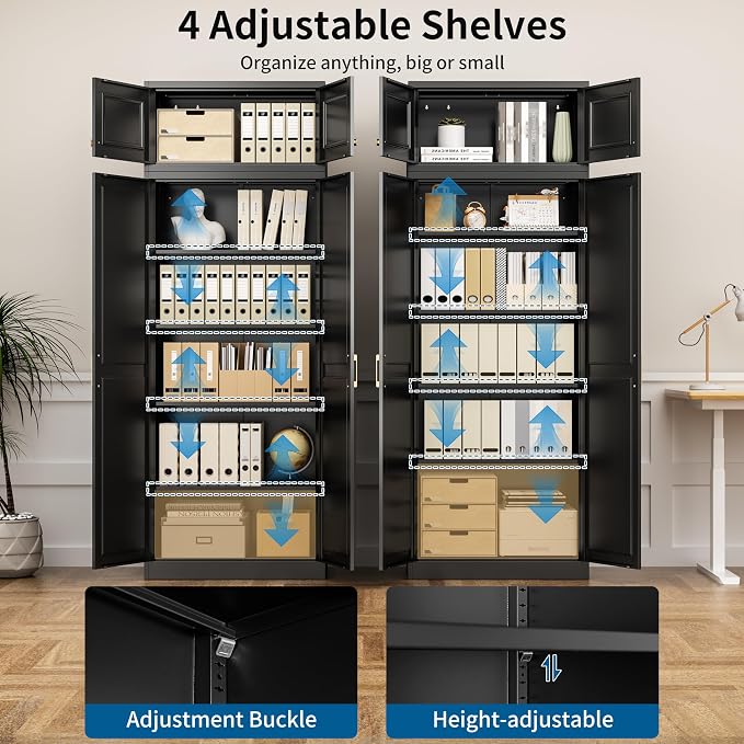 86" Tall Black Metal Storage Cabinet with Doors and 4 Adjustable Shelves, Heavy Duty Steel Pantry Cabinet for Garage, Kitchen, Extra Large Industrial Cupboard (2 Packages)