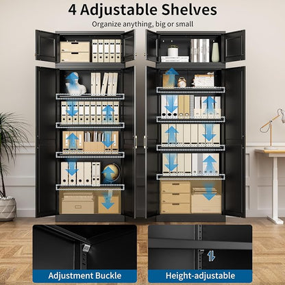 86" Tall Black Metal Storage Cabinet with Doors and 4 Adjustable Shelves, Heavy Duty Steel Pantry Cabinet for Garage, Kitchen, Extra Large Industrial Cupboard (2 Packages)