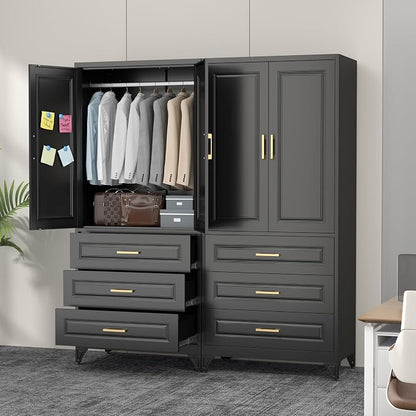 Polup Metal Armoire Wardrobe Closet with Three Drawers, 71“ Tall Large Wardrobe Cabinet with Doors and Hanging Rod, Freestanding Steel Clothes Cabinet for Bedroom, Office, Laundry Room, Black
