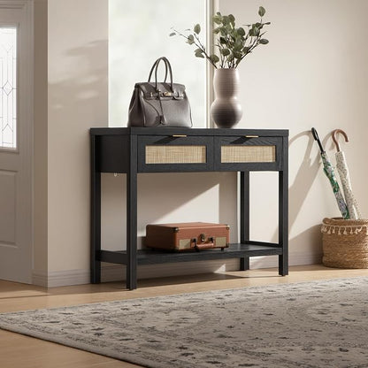 SICOTAS Black Console Table Set of 2 - Boho Entryway Table with Rattan Drawers, 2 Tier Shelf, Narrow Long Sofa Tables for Living Room, Entry Table for Hallway, Foyer