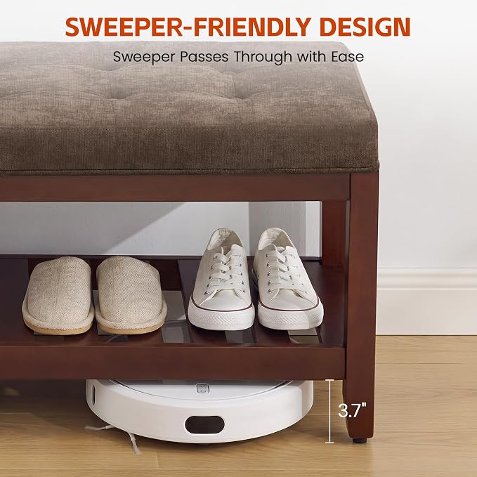 HUBSON 44" Entryway Shoe Bench, Upholstered End of Bed Bench with Solid Wood Shelf, Button Tufted Shoe Bench for Bedroom, Hallway, Living Room, Brown