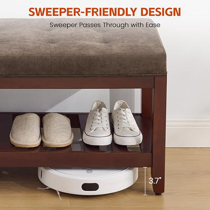 HUBSON 44" Entryway Shoe Bench, Upholstered End of Bed Bench with Solid Wood Shelf, Button Tufted Shoe Bench for Bedroom, Hallway, Living Room, Brown