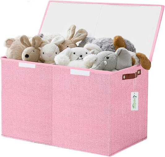 Bagnizer Large Toy Storage Box with Lids, Collapsible Sturdy Baby Storage Organizer Chest Bin Basket for Kids, Boys, Girls, Playroom, Nursery, Bedroom, Closet 25"x13"x16" (Pink)