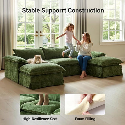 Claiks 123" Modular Boneless Couch, L Shaped Couch for Living Room, Modern Deep Seat Sofa 3 Seater Chenille Fabric Comfy Cloud Couches with Movable Ottoman, Dark Green