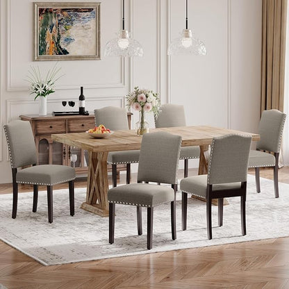 Upholstered Parsons Dining Chairs Set of 6, Modern Dining Room Chairs with Back, Fabric Kitchen Side Chairs with Wood Legs, Nailhead Trim for Dinner Farmhouse Restaurant, Taupe