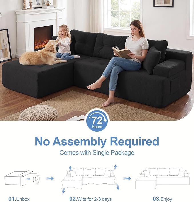 Hobestluk Modular Sectional Sofa Couches L-Shape Couch 3 Seat Modular Sofa Memory Foam Sectional Couches for Living Room, Cloud Couch with Oversized Chaise (Black Tufted, 108", Left Hand Facing)