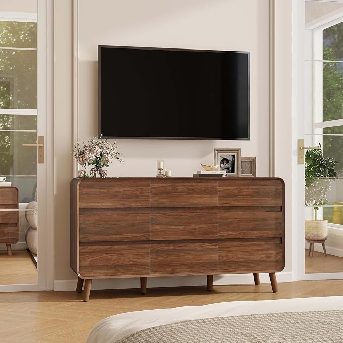 Nasonet Dresser and Nightstand Sets 3 Piece, Mid Century Modern 9 Drawer Dresser and 3 Drawer Night Stand Set 2, Wooden Chest of Drawers Bedroom Furniture Set, Walnut