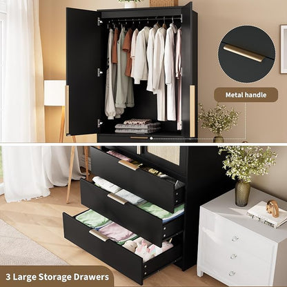 GarveeHome Armoire Wardrobe Closet, 69.5 in Wooden Wardrobe Cabinet with 3 Drawers, Hanging Rod, 2 Doors Clothing Storage Cabinet for Bedroom, Large Capacity Storage, Rattan Door, Black