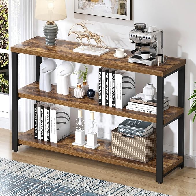 EXCEFUR Industrial Metal & Wood Console Tables for Living Room, Entryway Table with 3 Tier Storage Shelves, Sofa Hallway Table Behind Couch, Rustic Brown, 47 Inch
