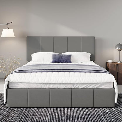 Allewie Full Size Dutch Velvet Upholstered Platform Bed Frame/Vertical Channel Tufted Adjustable Headboard/Low Profile Bed Frame/No Box Spring Needed/Easy Assembly/Grey