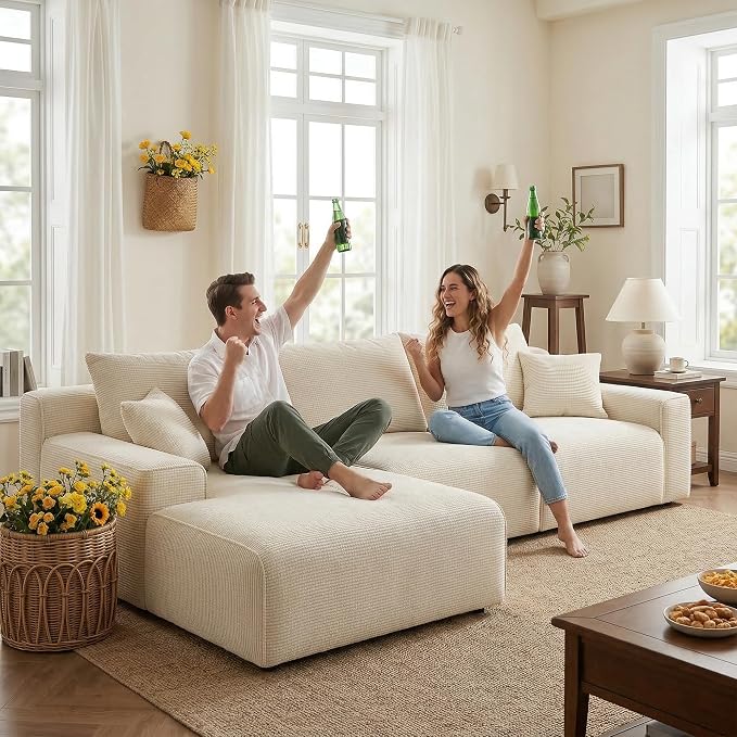 Homkdom 98" Boneless Modular Sectional Sofa, Cloud Couch with 27" Deep Seat & Oversized Chaise, L-Shaped High-Density Foam Sofa for Living Room, No Assembly Required (White-Check, Left Facing)