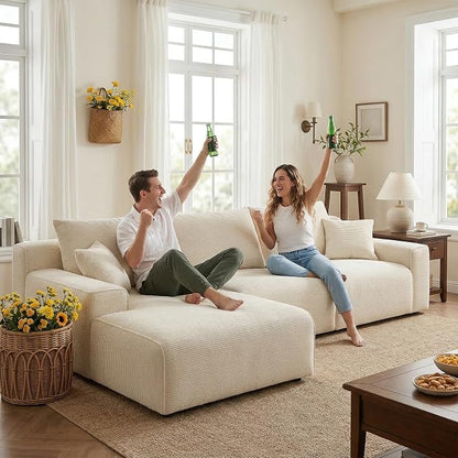 Homkdom 98" Boneless Modular Sectional Sofa, Cloud Couch with 27" Deep Seat & Oversized Chaise, L-Shaped High-Density Foam Sofa for Living Room, No Assembly Required (White-Check, Left Facing)