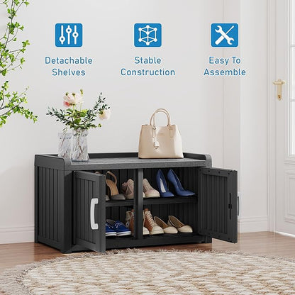 2-Tier Storage Bench, Waterproof UV-Resistant Outdoor Shoe Storage Cabinet with 2 Doors & Adjustable Shelves for Indoor Outdoor Entryway, Hallway, Living Room (Grey)