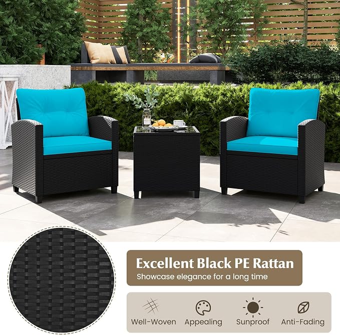 Tangkula 3 Piece Patio Furniture, Rattan Conversation Set w/Soft Seat & Back Cushions, Tempered Glass Topped Coffee Table, Cushioned Wicker Seating Set for Backyard, Porch, Poolside