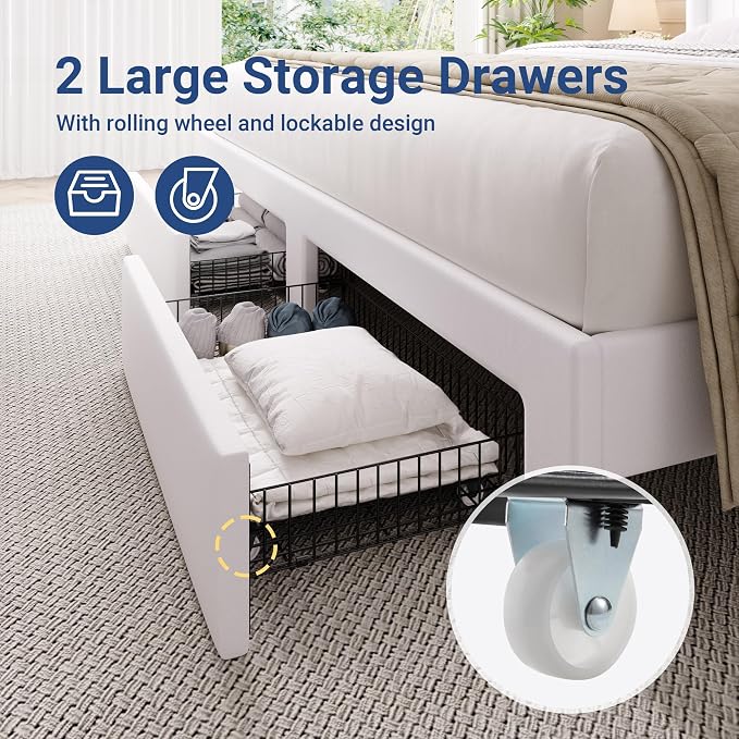 Allewie King Bed Frame with 2-Tier Storage Headboard, Charging Station & LED Lights, Velvet Upholstered Platform Bed with 2 Drawers, Wingback Headboard, Gold Button Tufted, No Box Spring Needed, White