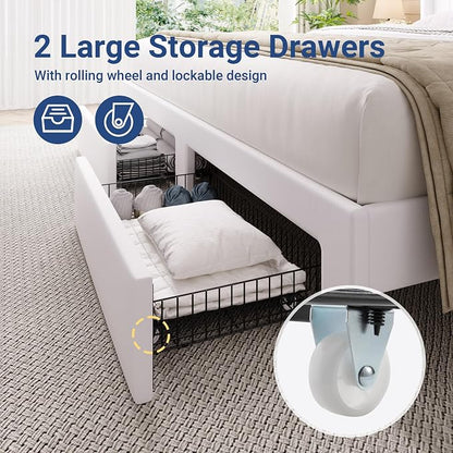 Allewie King Bed Frame with 2-Tier Storage Headboard, Charging Station & LED Lights, Velvet Upholstered Platform Bed with 2 Drawers, Wingback Headboard, Gold Button Tufted, No Box Spring Needed, White