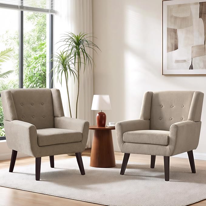 HUIMO Accent Chair Set of 2, Upholstered Button Tufted Armchair, Linen Fabric Sofa Chairs for Bedroom, Living Room, Mid-Century Modern Comfy Reading Chair (2 PCS, Khaki)