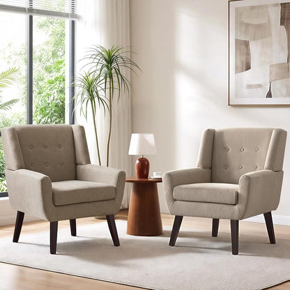 HUIMO Accent Chair Set of 2, Upholstered Button Tufted Armchair, Linen Fabric Sofa Chairs for Bedroom, Living Room, Mid-Century Modern Comfy Reading Chair (2 PCS, Khaki)