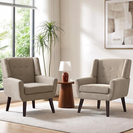 HUIMO Accent Chair Set of 2, Upholstered Button Tufted Armchair, Linen Fabric Sofa Chairs for Bedroom, Living Room, Mid-Century Modern Comfy Reading Chair (2 PCS, Khaki)