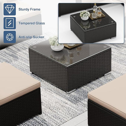 SUNCROWN 5-Piece Outdoor Patio Furniture Set, All-Weather PE Rattan Sectional Sofa with Ottoman, Glass Coffee Table & Cushions, Modular Wicker Conversation Set for Backyard, Garden, Porch, Beige