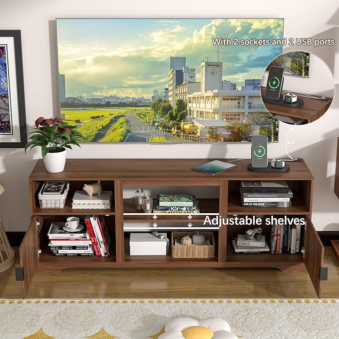 Fluted TV Stand for Tvs up to 80",Mid Century Modern TV Stand with Open Adjustable Shelf,Entertainment Center Wood TV Media Console with Cord Holes for Living Room Furniture Bedroom,Walnut