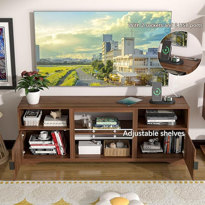Fluted TV Stand for Tvs up to 80",Mid Century Modern TV Stand with Open Adjustable Shelf,Entertainment Center Wood TV Media Console with Cord Holes for Living Room Furniture Bedroom,Walnut