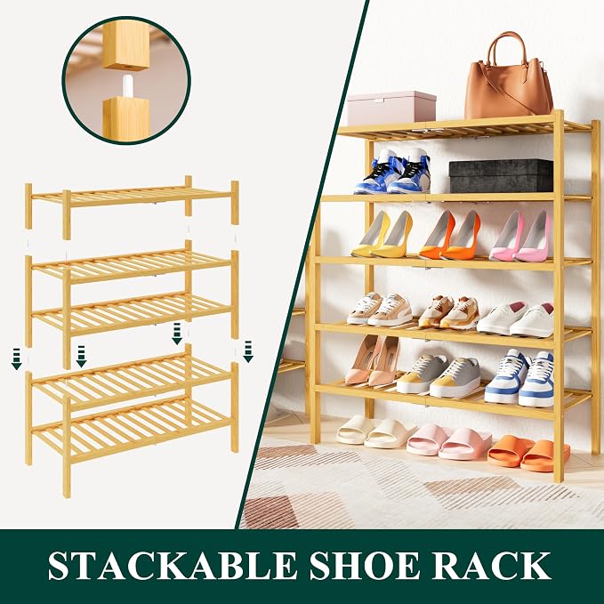 Smiry Bamboo Shoe Rack, 6 Tier Free Standing Wooden Shoe Organizer, Stackable Wood Shoe Storage Shelf for Closet, Entryway, 14 Vertical Slats, 2+2+2 Stack Heavy-Duty Legs, 26.8"x11"x39", Natural