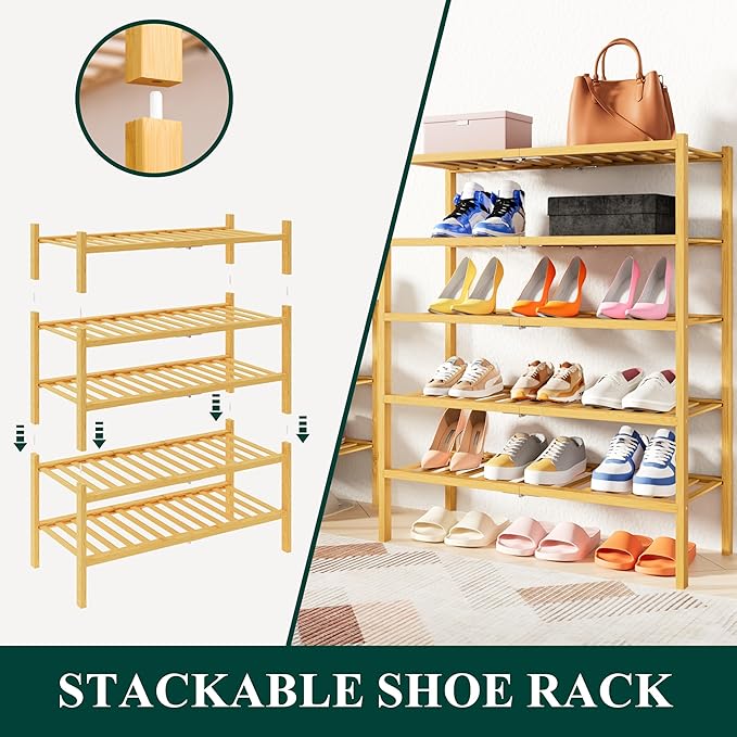Smiry Bamboo Shoe Rack, 3 Tier Free Standing Wooden Shoe Organizer, Stackable Wood Shoe Storage Shelf for Closet, Entryway, 14 Vertical Slats, 2+1 Stack Heavy-Duty Legs, 26.8"x11"x19.5", Natural