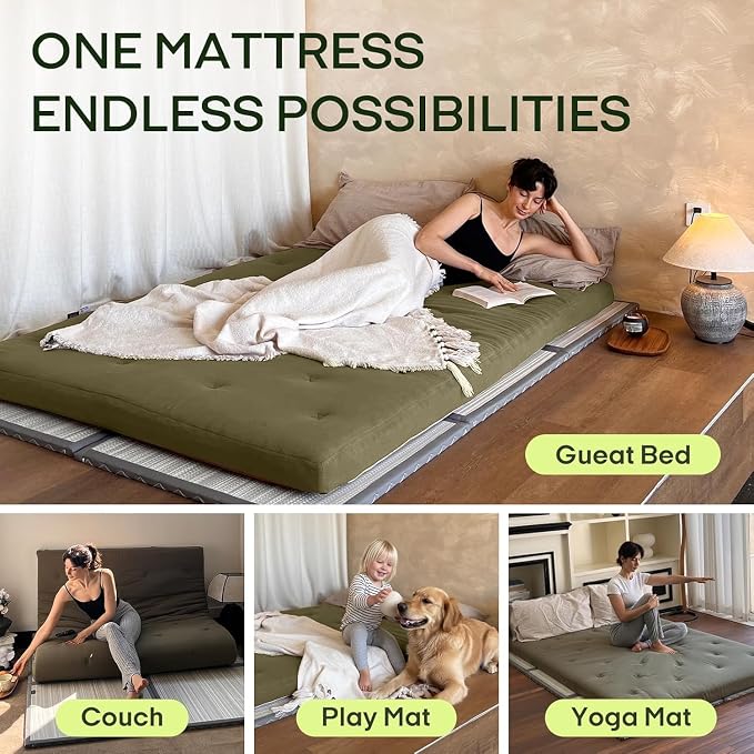 ZonLi Japanese Floor Futon Mattress King Size 76"x 80",100% Cotton Cover 4'' Thicken Tatami Mattress,Foldable Sleeping Pad,Portable Dormitory Tatami Mat(Winter Moss)